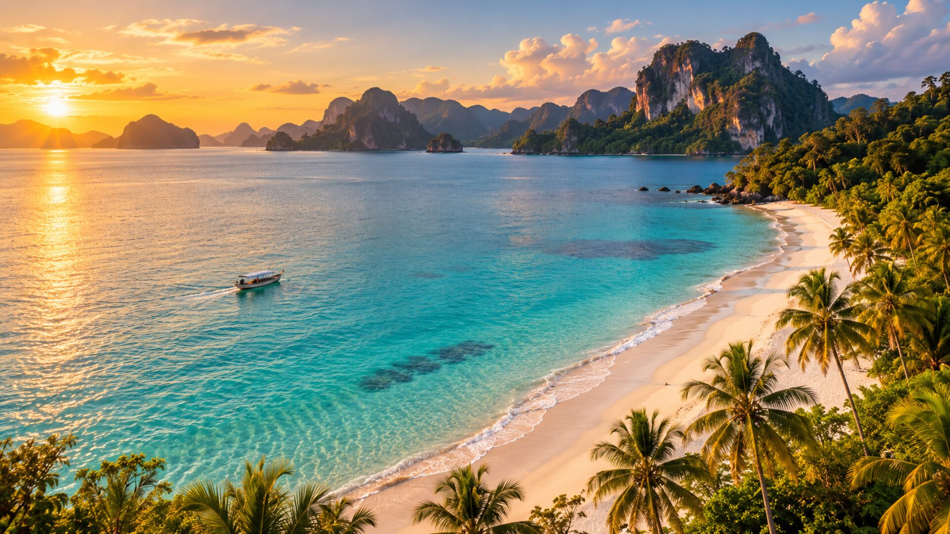 Aerial view of a turquoise tropical bay in Langkawi at golden hour